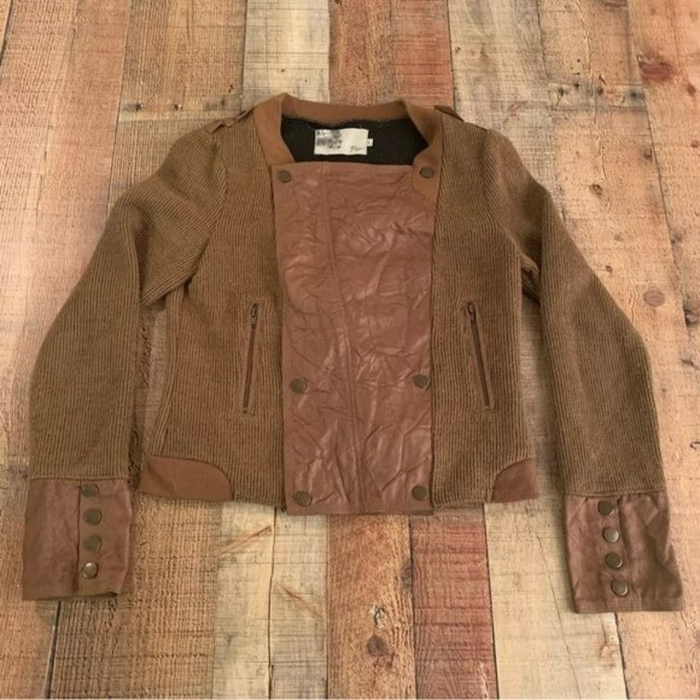 Ryu womens light brown faux leather ribbed knit moto jacket -L